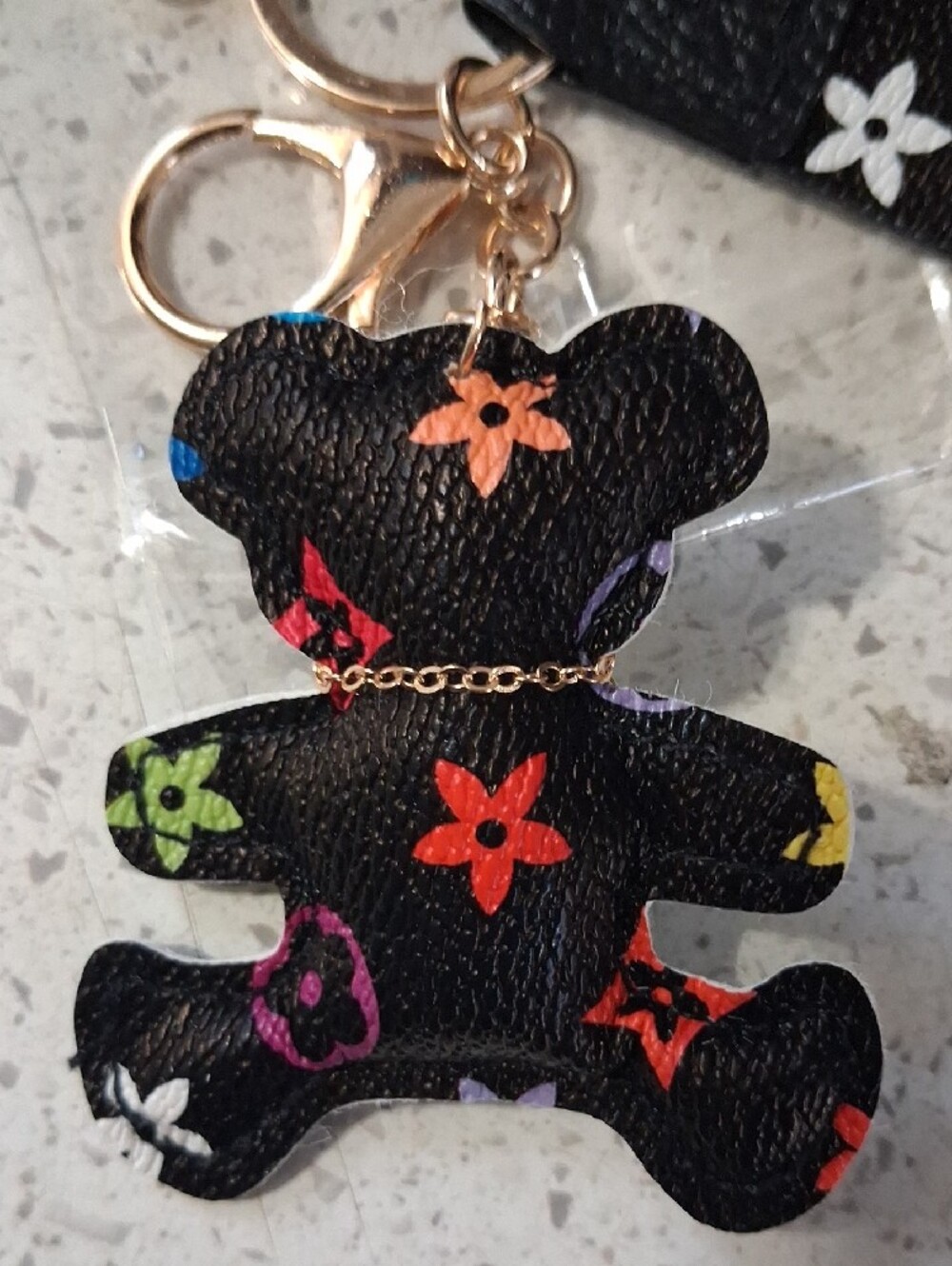 Designer-Inspired Black Multicolor Bear Keychain Wristlet - Picture 3 of 3